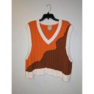 Shiny by Nature Colorblock Cable Knit Sweater Vest – Orange/Brown/Cream Size 3XL